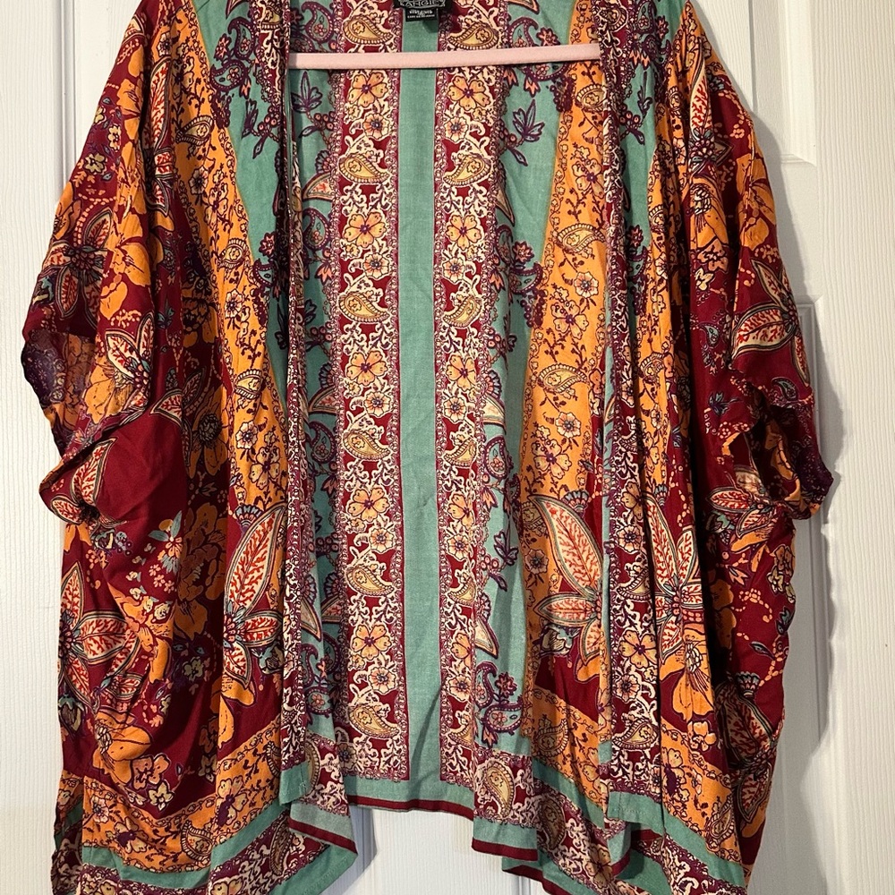 Boho Floral Open-Front Kimono in Burgundy, Orange & Teal